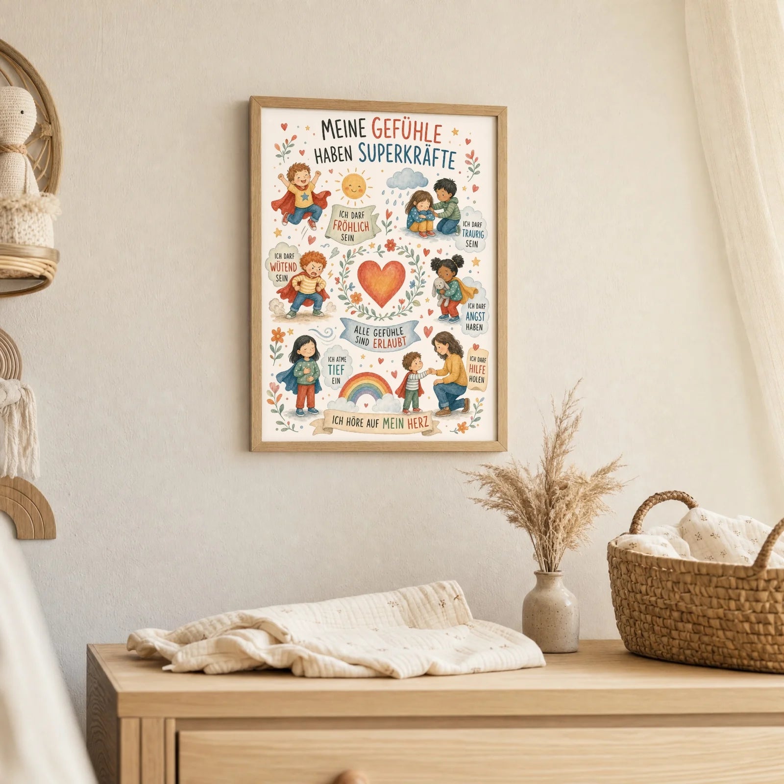 Affirmationsposter Kinderzimmer Wimmelbild Gefühle, als Deko mit Holzrahmen