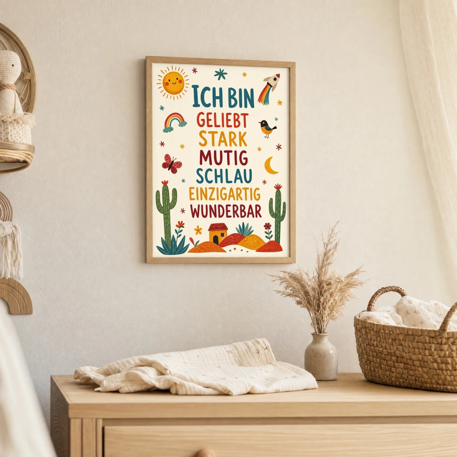 Affirmationsposter Kinderzimmer Wüste Ich bin geliebt, als Deko mit Holzrahmen