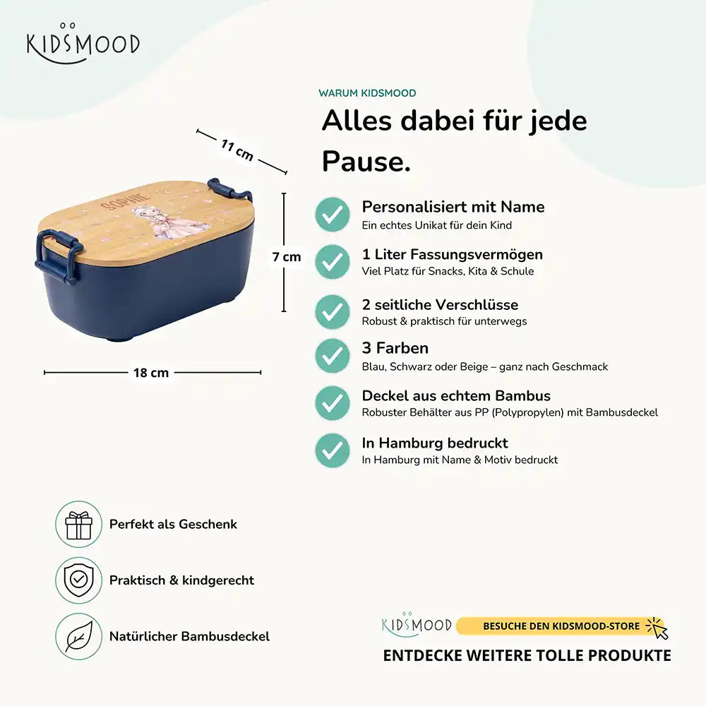 Brotdose Kinder personalisiert Prinzessin, Bambusdeckel mit Wunschname Detail