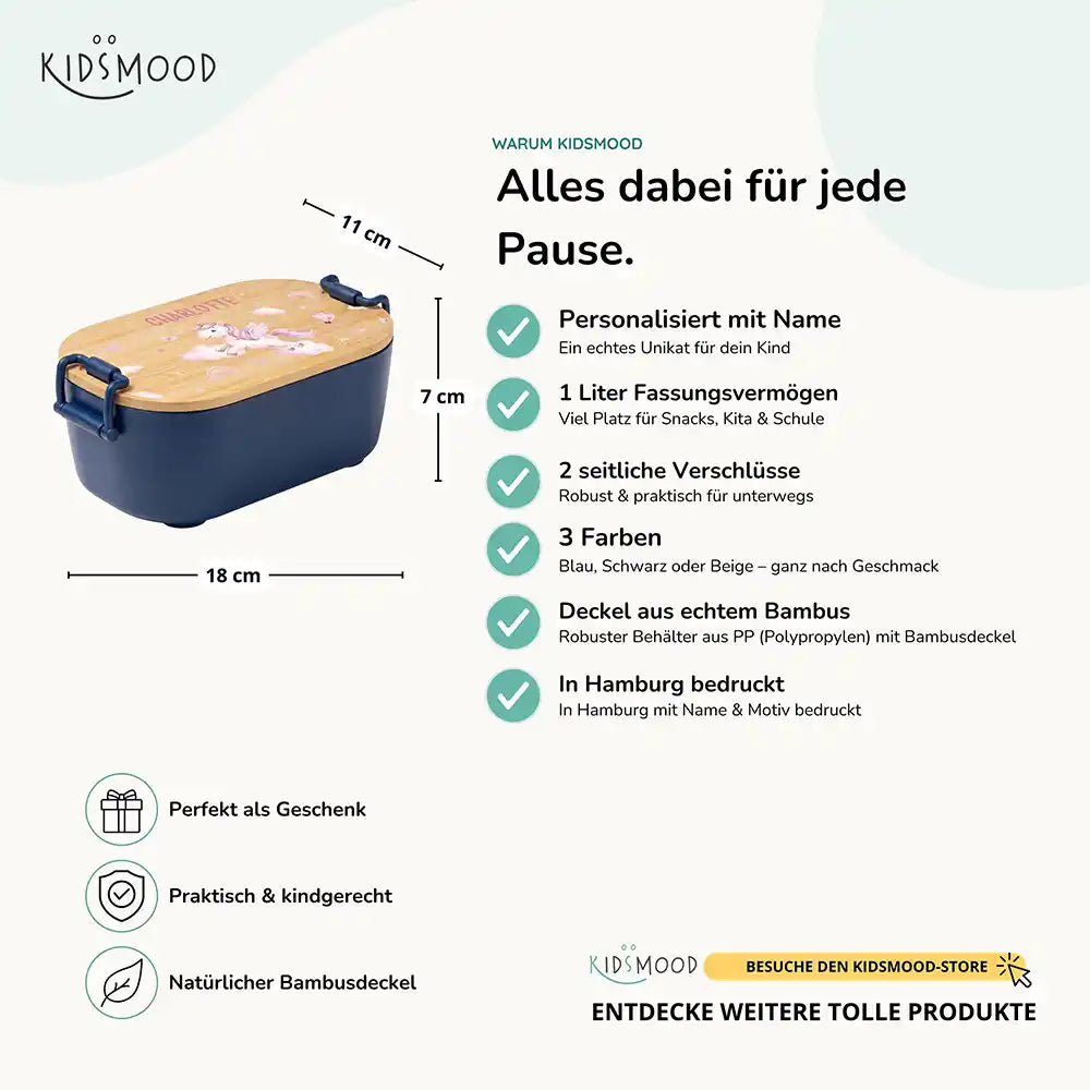 Brotdose Kinder personalisiert Einhorn Wolken, Bambusdeckel mit Wunschname Detail