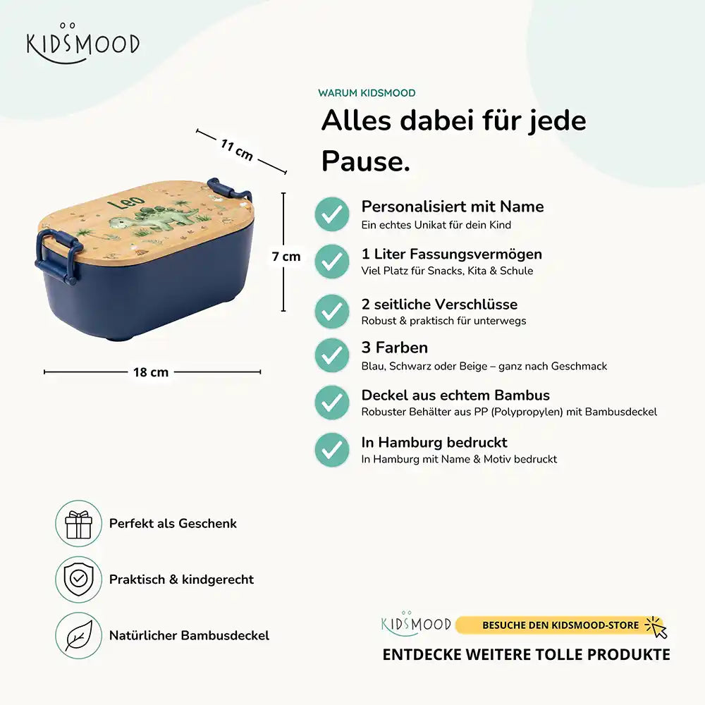 Brotdose Kinder personalisiert Dinosaurier, Bambusdeckel mit Wunschname Detail