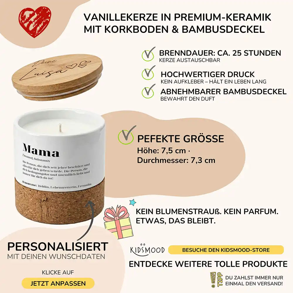 Duftkerze Vanille Keramik Mama Definition – brennend am gemütlichen Abend