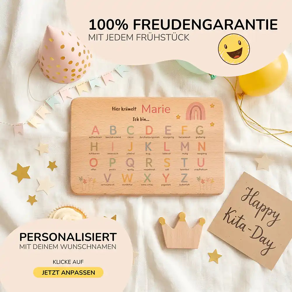 ABC Brettchen Kinder personalisiert Regenbogen pastell – Geburtstags-Komposition Kita