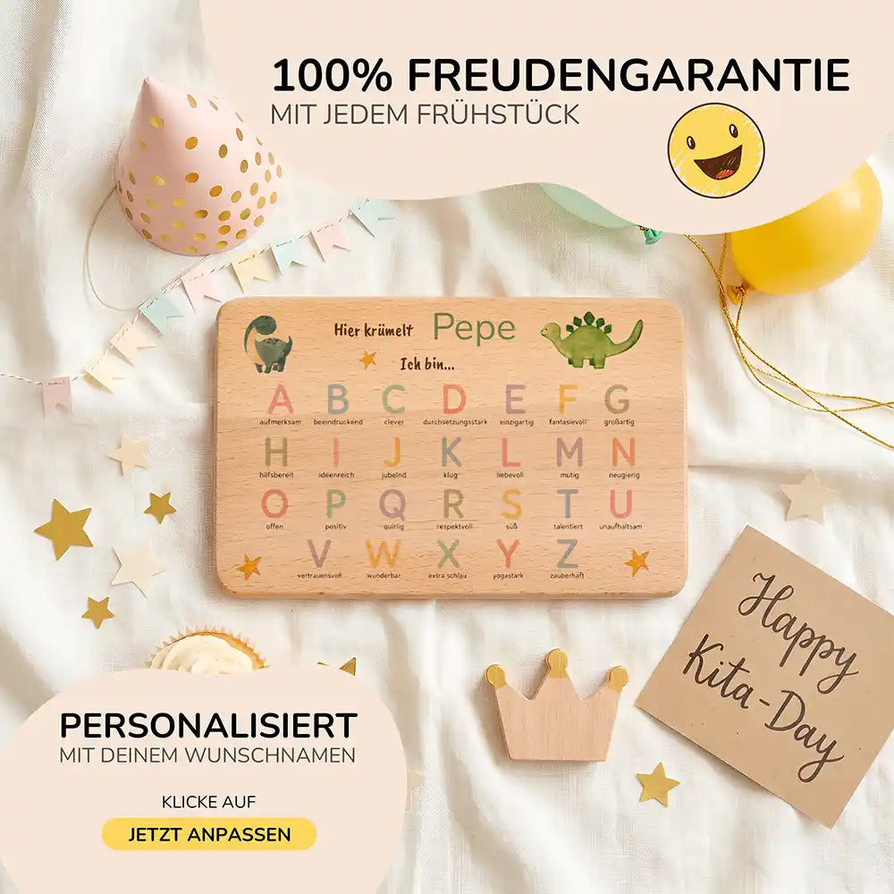 ABC Brettchen Kinder personalisiert Dinosaurier pastell – Geburtstags-Komposition Kita