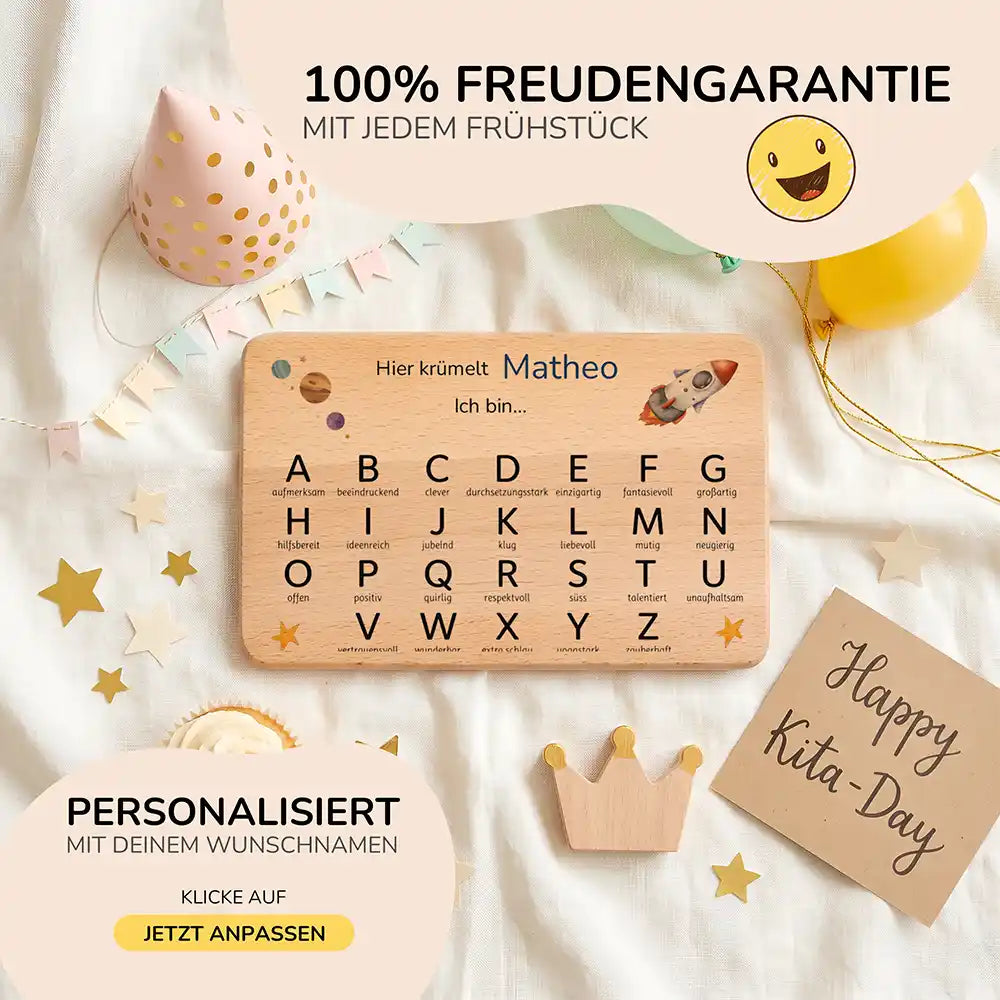 ABC Brettchen Kinder personalisiert Weltraum Rakete – Geburtstags-Komposition Kita