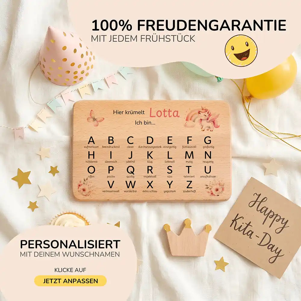 ABC Brettchen Kinder personalisiert Einhorn Wildblumen – Geburtstags-Komposition Kita