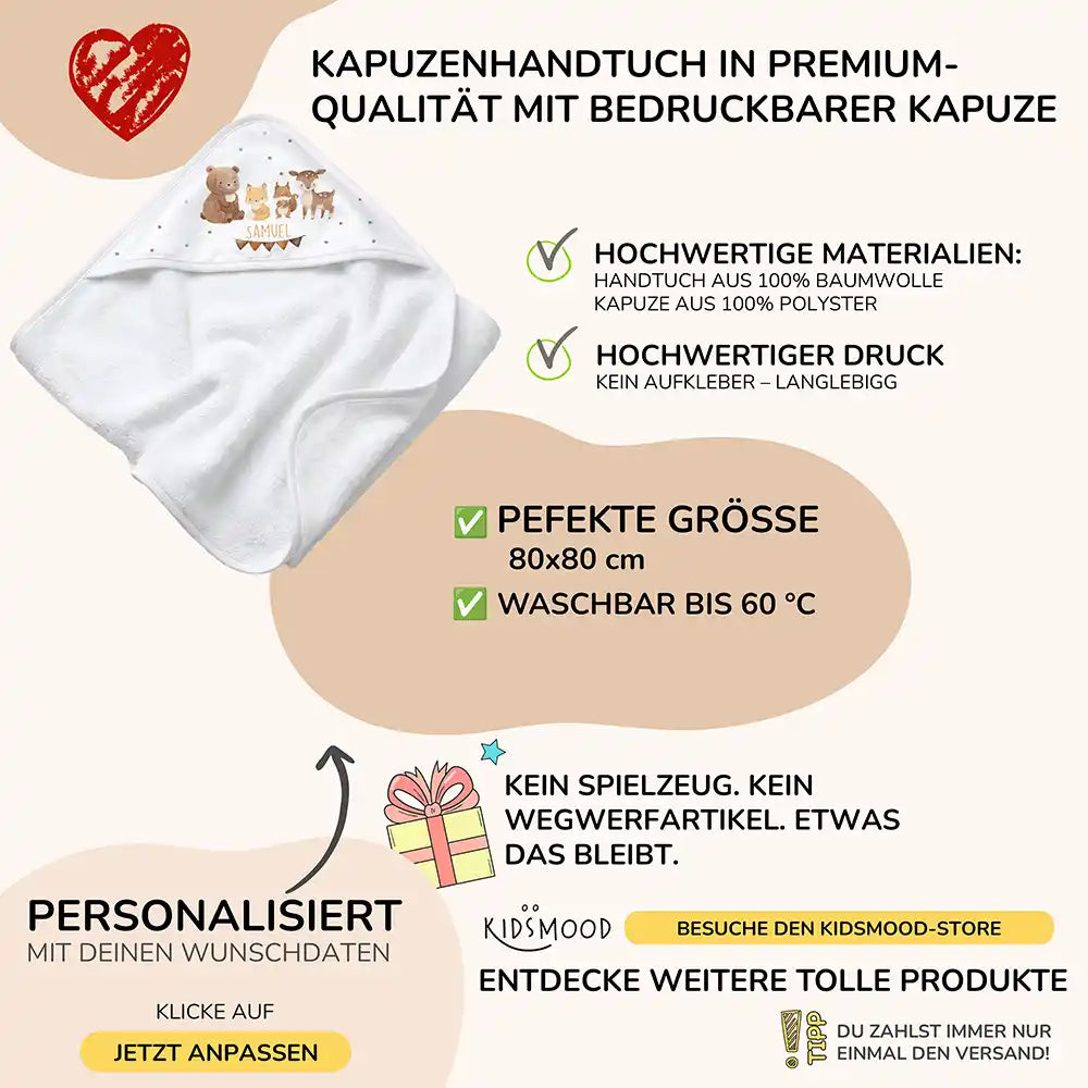 Personalisiertes Kapuzenhandtuch Baby Waldtiere Wimpel – Boho-Flatlay mit Palmblatt-Akzent