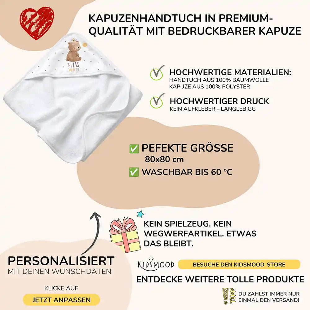 Personalisiertes Kapuzenhandtuch Baby Bär Sonne – Boho-Flatlay mit Palmblatt-Akzent
