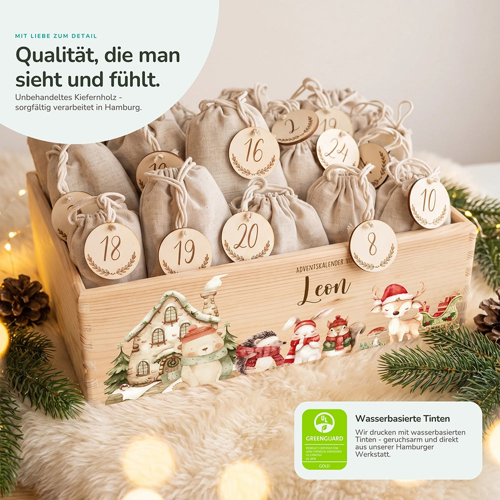 Adventskalender zum Befüllen "Winterdorf mit Tieren" personalisiert