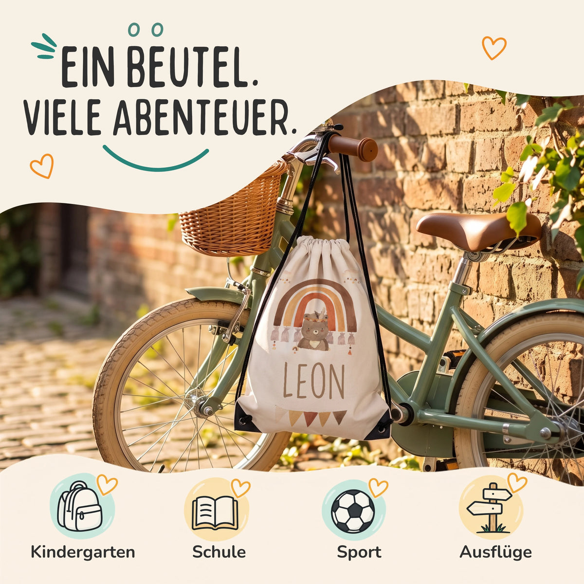 Personalisierter Turnbeutel Boho Bär Regenbogen, Sportbeutel für Kindergarten, Schule, Sport und Ausflüge