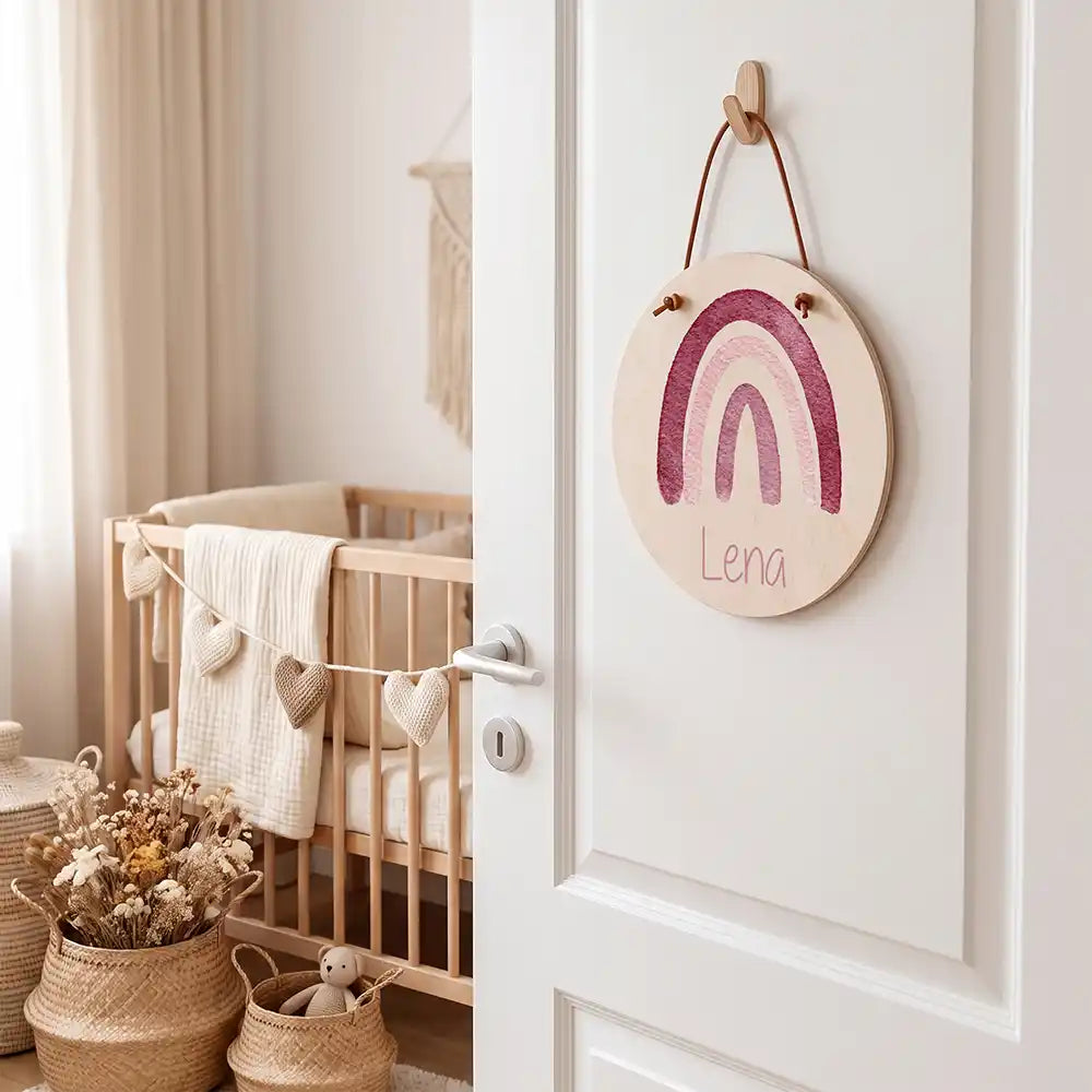 Türschild Kinderzimmer Regenbogen, aufgehängt an der Kinderzimmertür