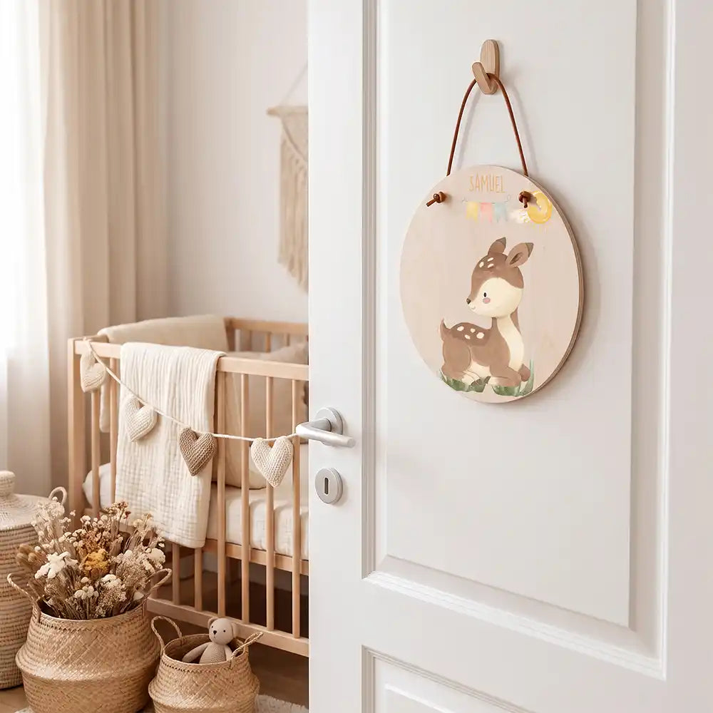 Türschild Kinderzimmer Reh mit Wimpelkette, aufgehängt an der Kinderzimmertür