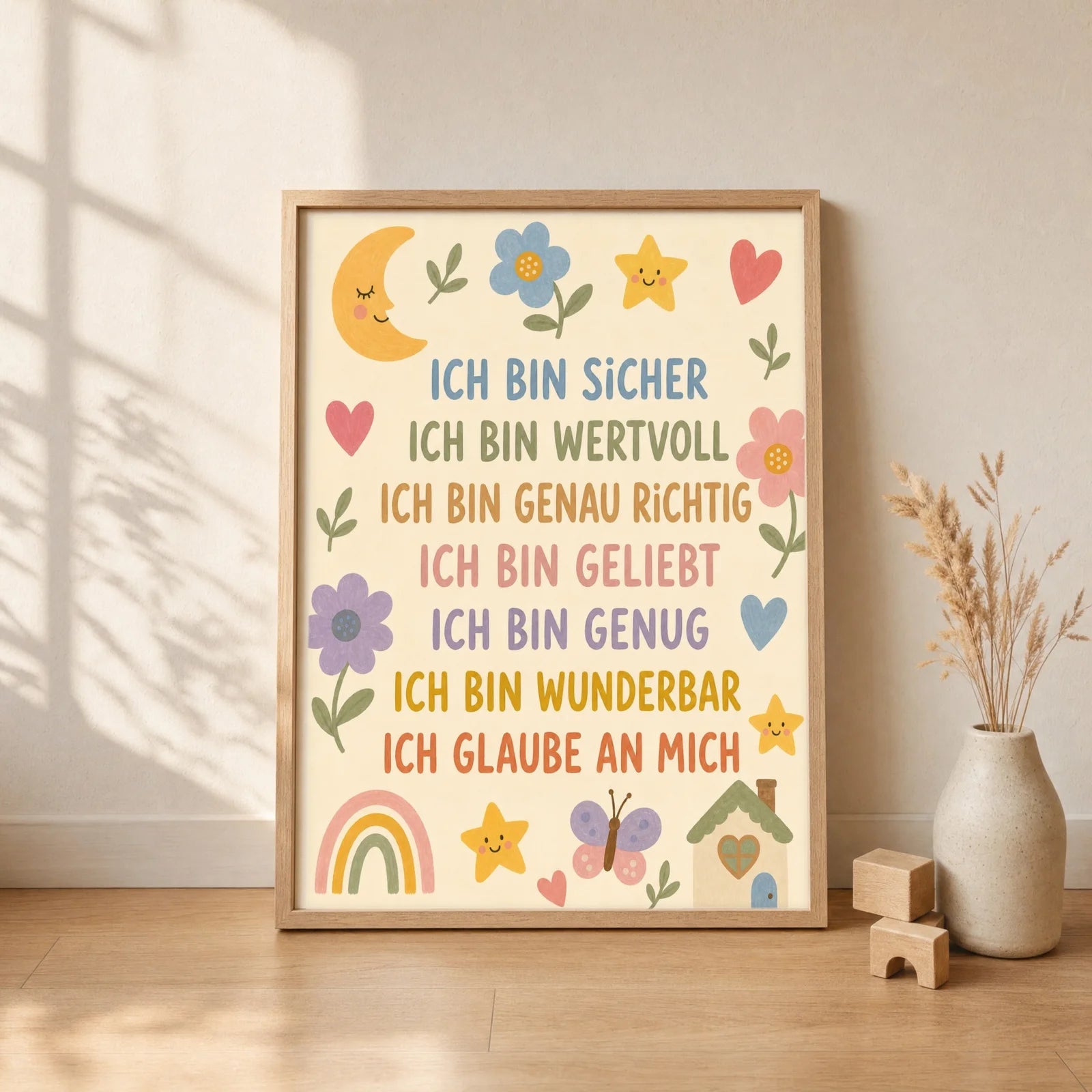 Affirmationsposter Kinderzimmer Blumenwiese Ich bin sicher, gerahmt im Format 30 x 40 cm