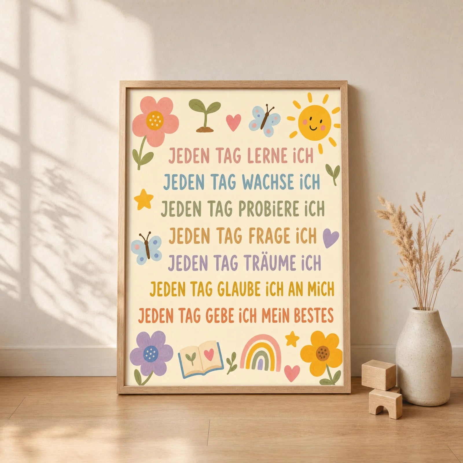 Affirmationsposter Kinderzimmer Blumenwiese Jeden Tag, gerahmt im Format 30 x 40 cm