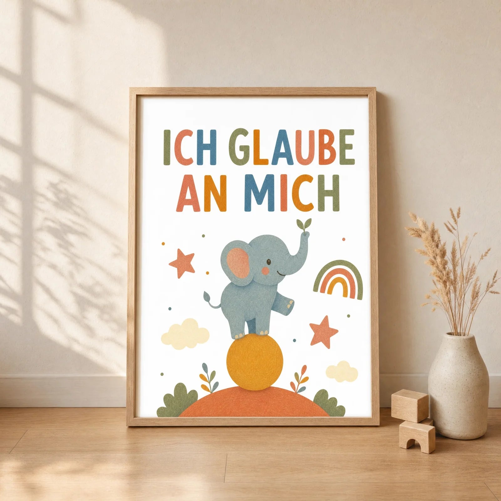 Affirmationsposter Kinderzimmer Elefant Ich glaube an mich, gerahmt im Format 30 x 40 cm