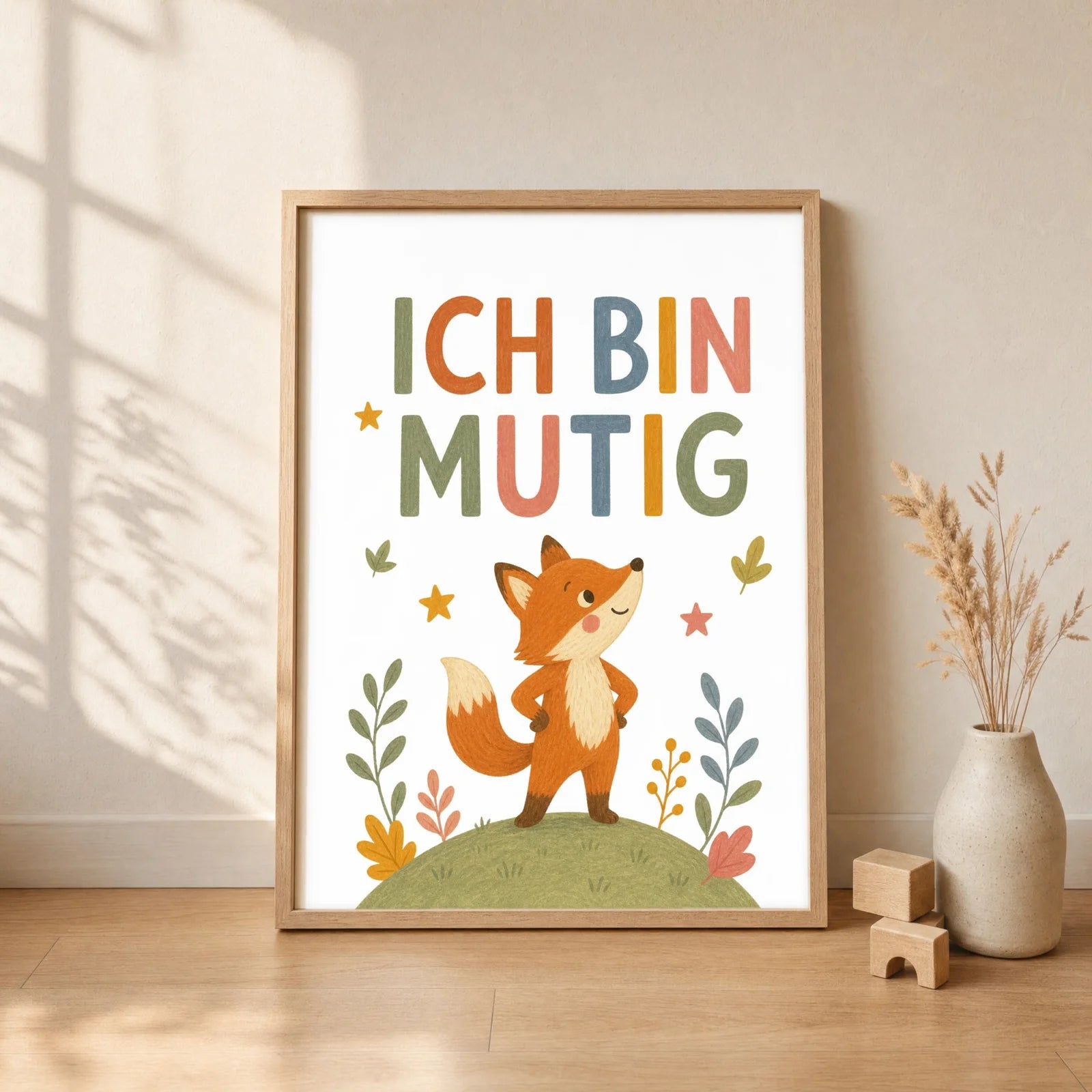 Affirmationsposter Kinderzimmer Fuchs Ich bin mutig, gerahmt im Format 30 x 40 cm
