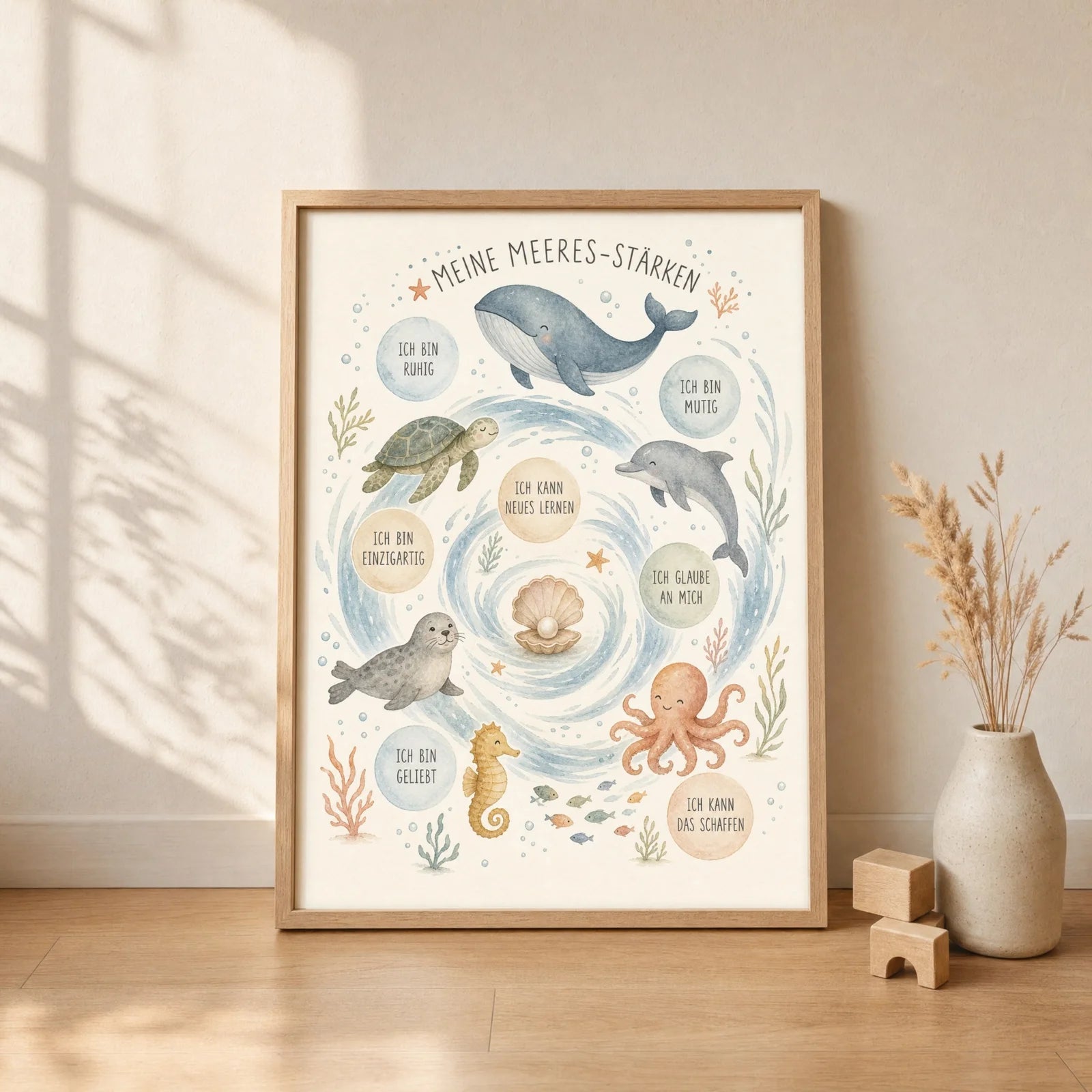 Affirmationsposter Kinderzimmer Meeres-Stärken, gerahmt im Format 30 x 40 cm