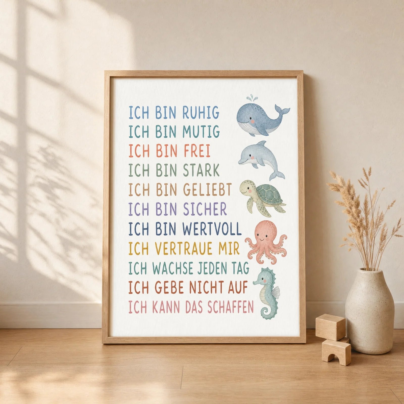 Affirmationsposter Kinderzimmer Meerestiere, gerahmt im Format 30 x 40 cm