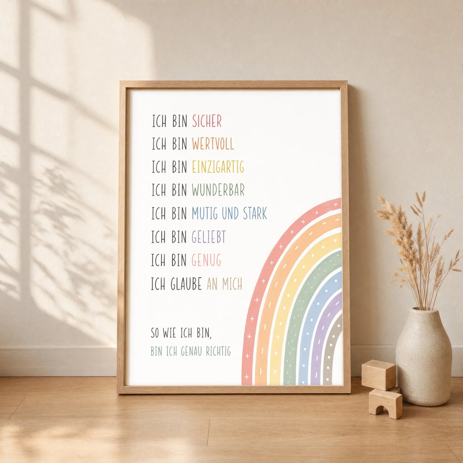 Affirmationsposter Kinderzimmer Minimal Ich bin, gerahmt im Format 30 x 40 cm