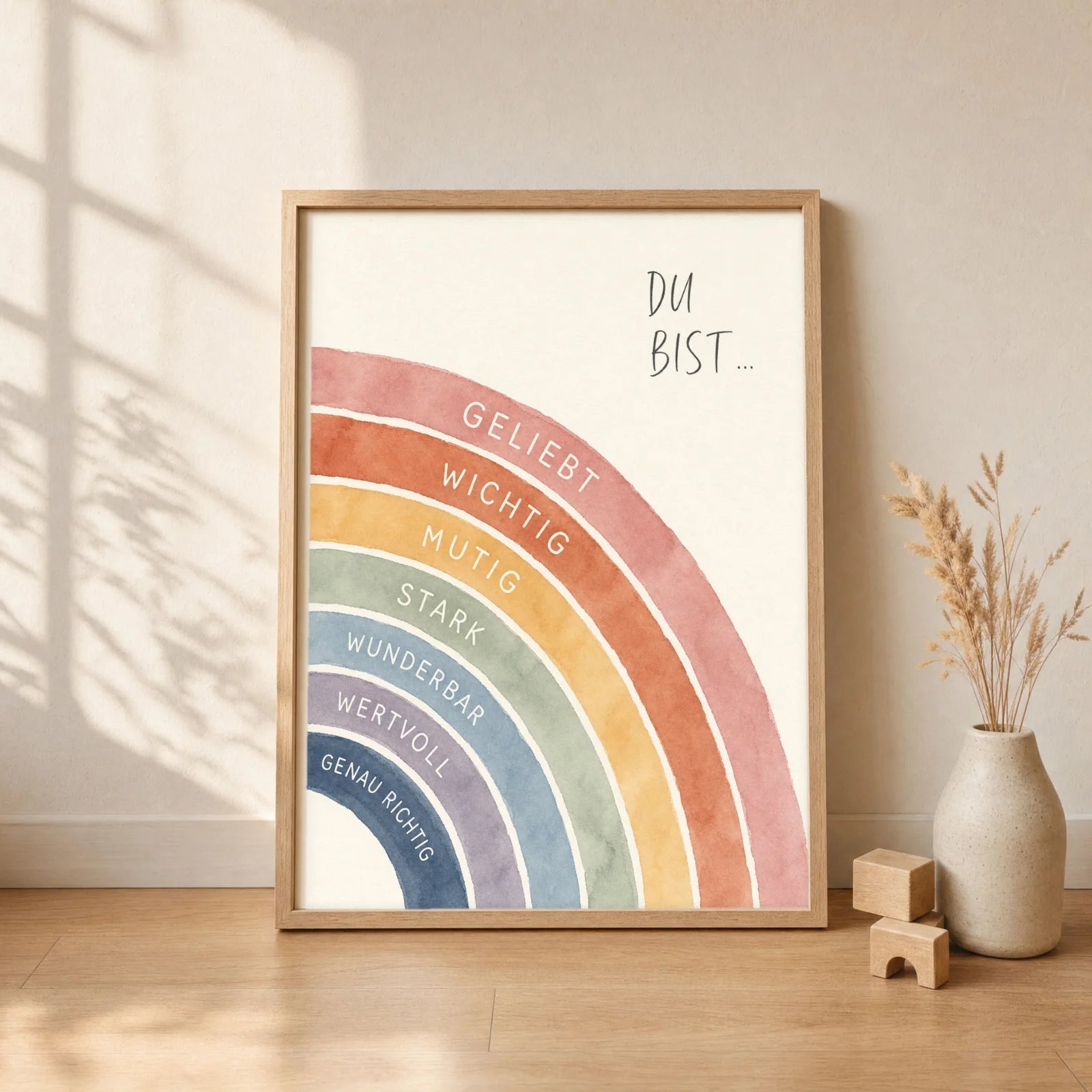 Affirmationsposter Kinderzimmer Regenbogen Du bist, gerahmt im Format 30 x 40 cm