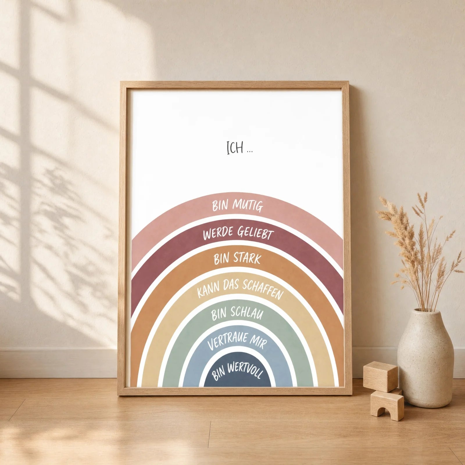 Affirmationsposter Kinderzimmer Regenbogen Ich bin mutig, gerahmt im Format 30 x 40 cm