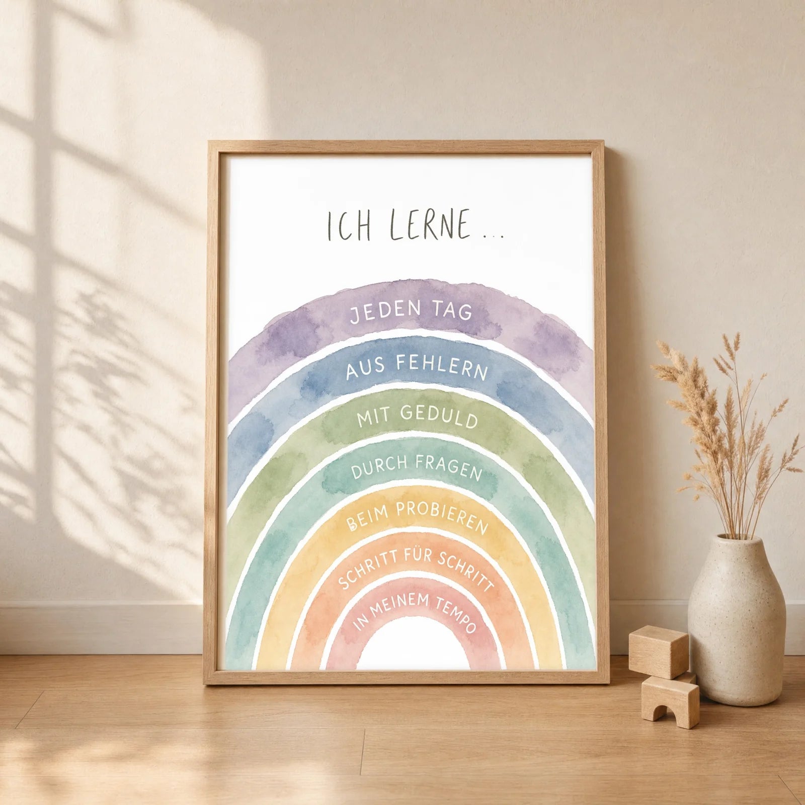 Affirmationsposter Kinderzimmer Regenbogen Ich lerne, gerahmt im Format 30 x 40 cm