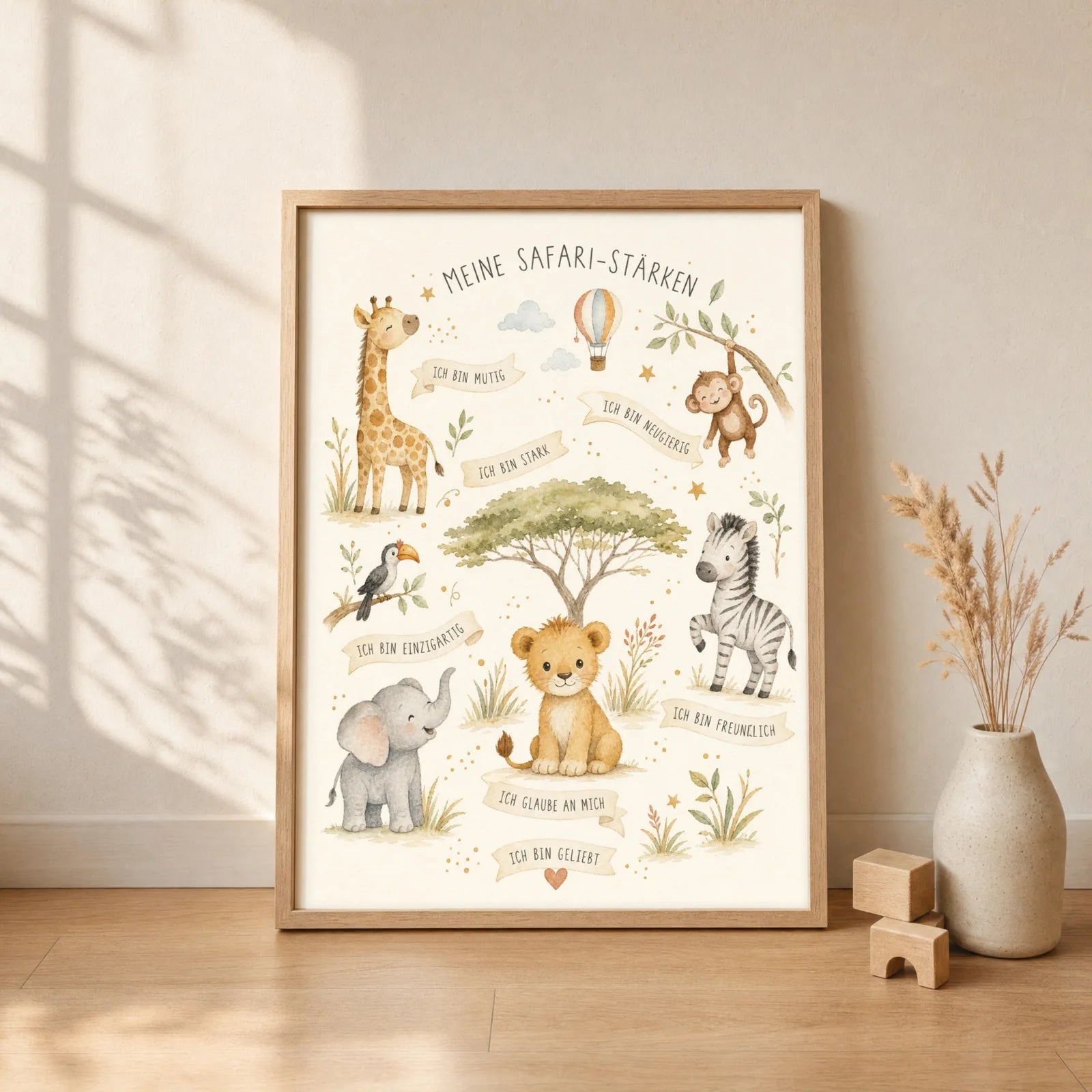 Affirmationsposter Kinderzimmer Safari-Stärken, gerahmt im Format 30 x 40 cm