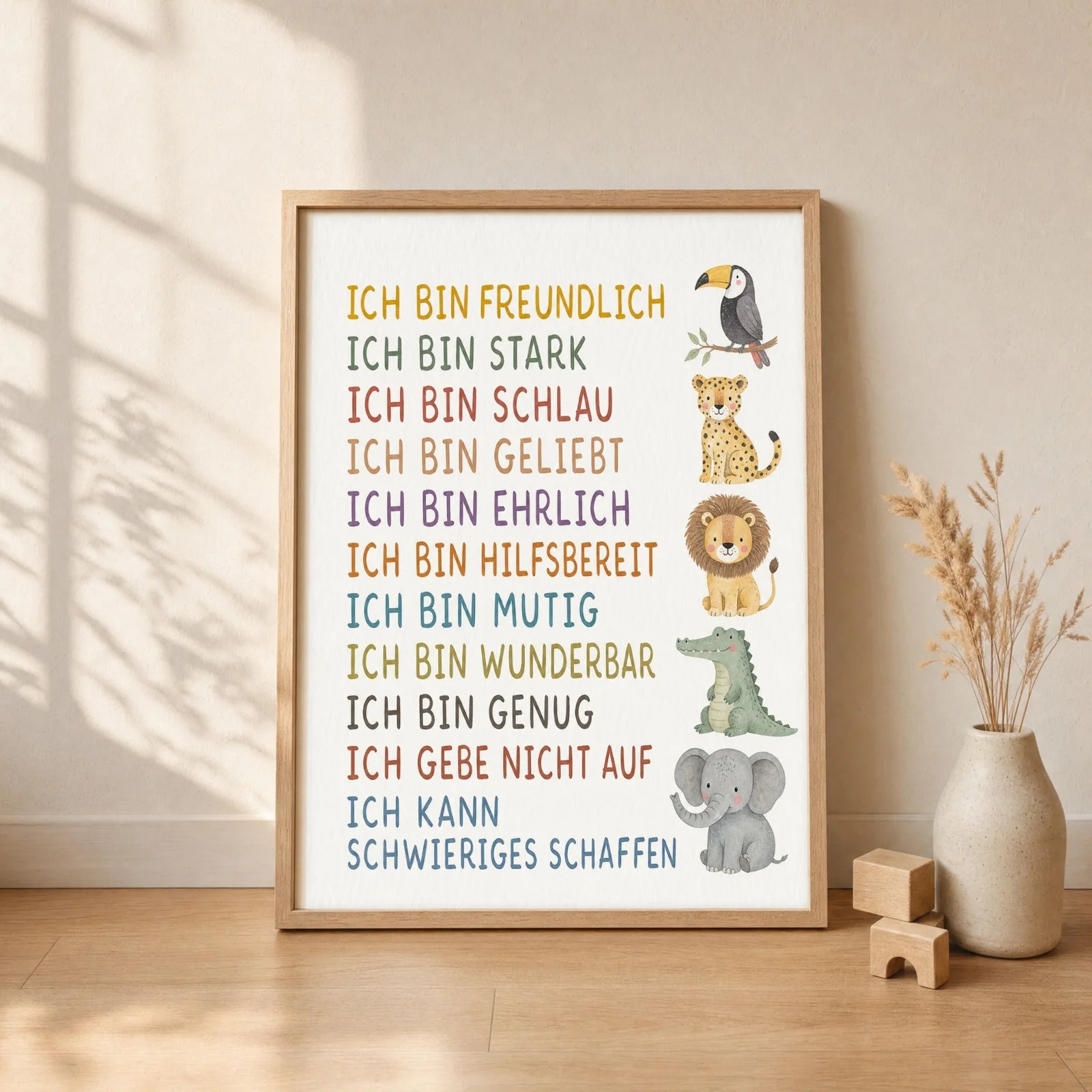 Affirmationsposter Kinderzimmer Safaritiere, gerahmt im Format 30 x 40 cm