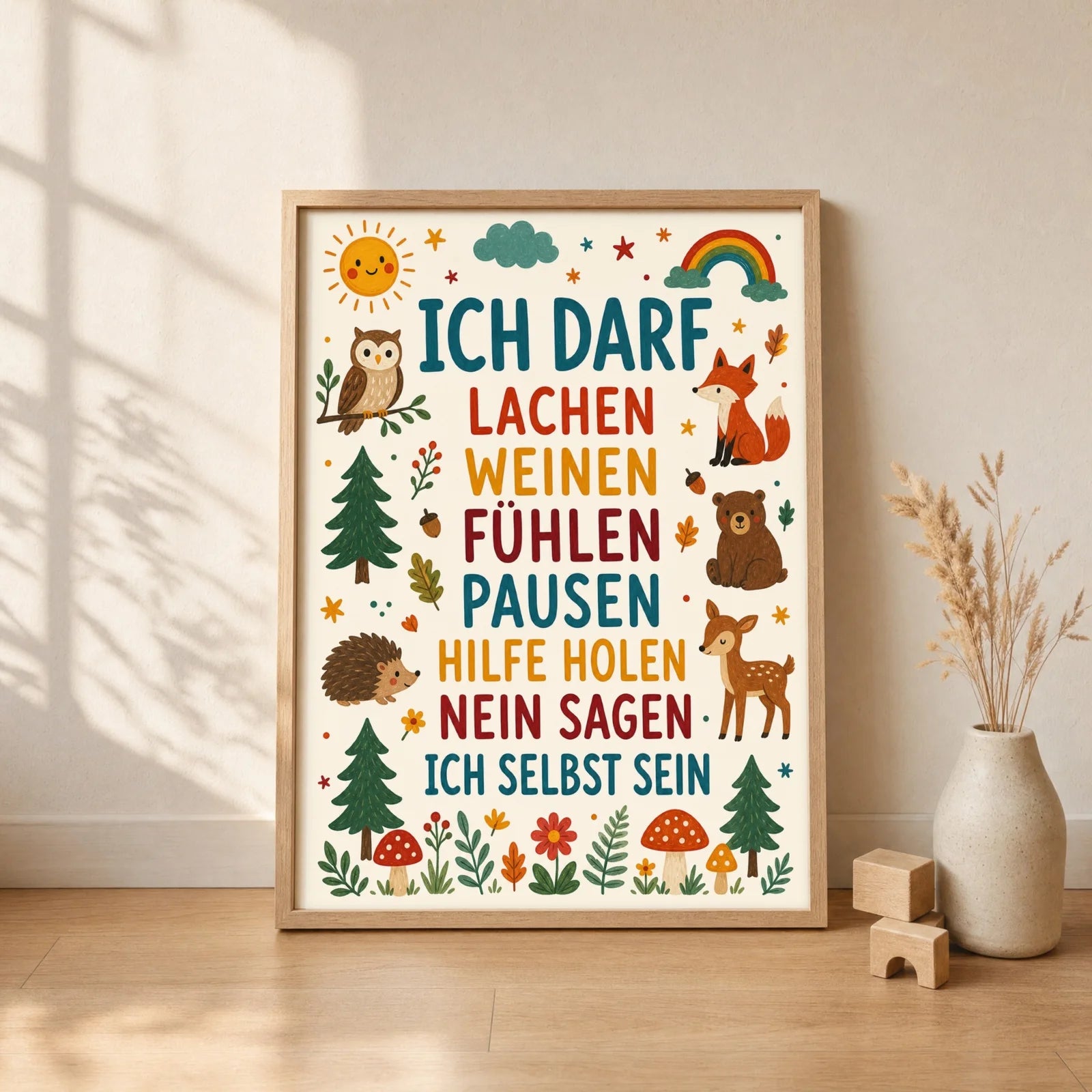 Affirmationsposter Kinderzimmer Wald Ich darf lachen, gerahmt im Format 30 x 40 cm