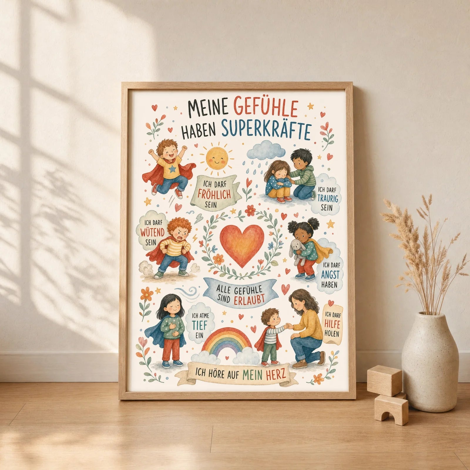 Affirmationsposter Kinderzimmer Wimmelbild Gefühle, gerahmt im Format 30 x 40 cm
