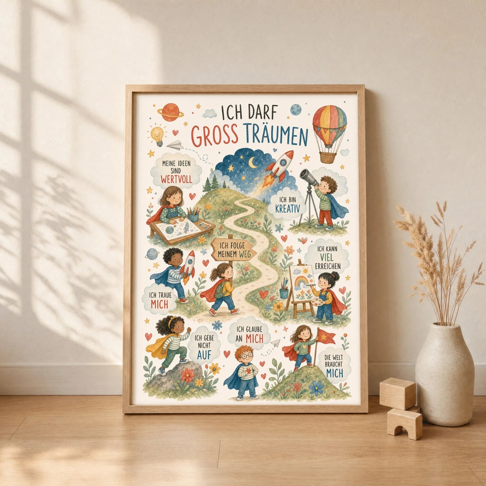 Affirmationsposter Kinderzimmer Wimmelbild Groß träumen, gerahmt im Format 30 x 40 cm