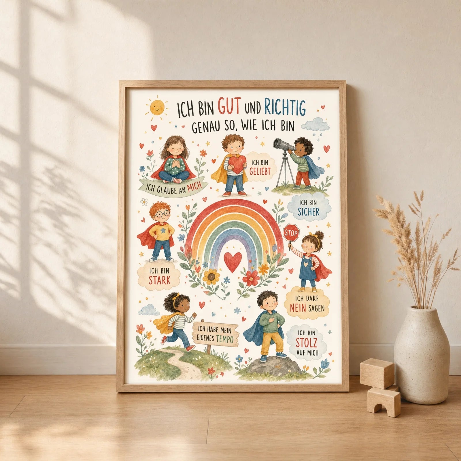 Affirmationsposter Kinderzimmer Wimmelbild Ich bin gut und richtig, gerahmt im Format 30 x 40 cm