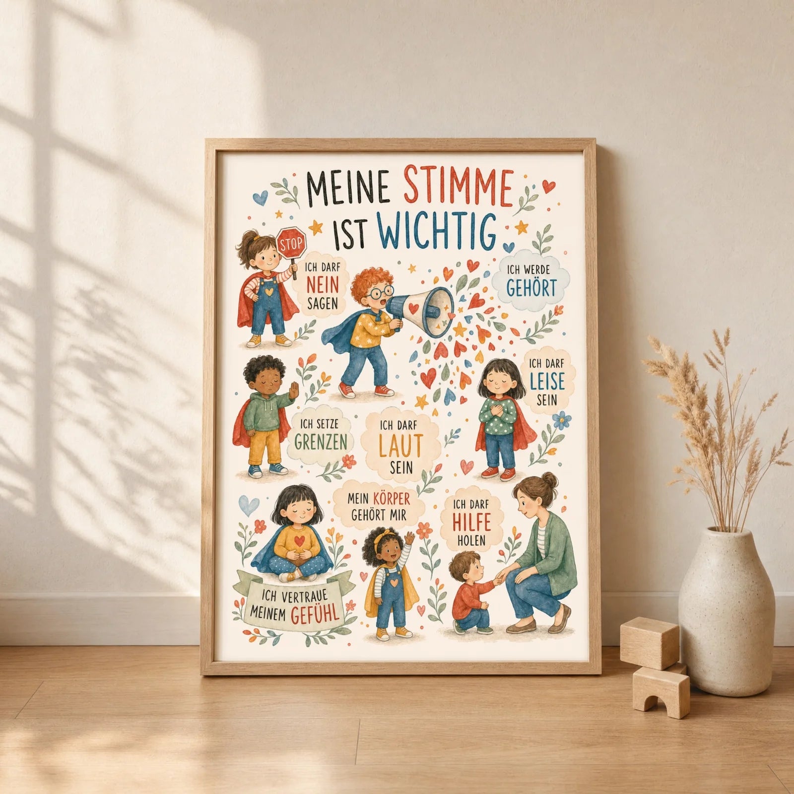 Affirmationsposter Kinderzimmer Wimmelbild Meine Stimme, gerahmt im Format 30 x 40 cm