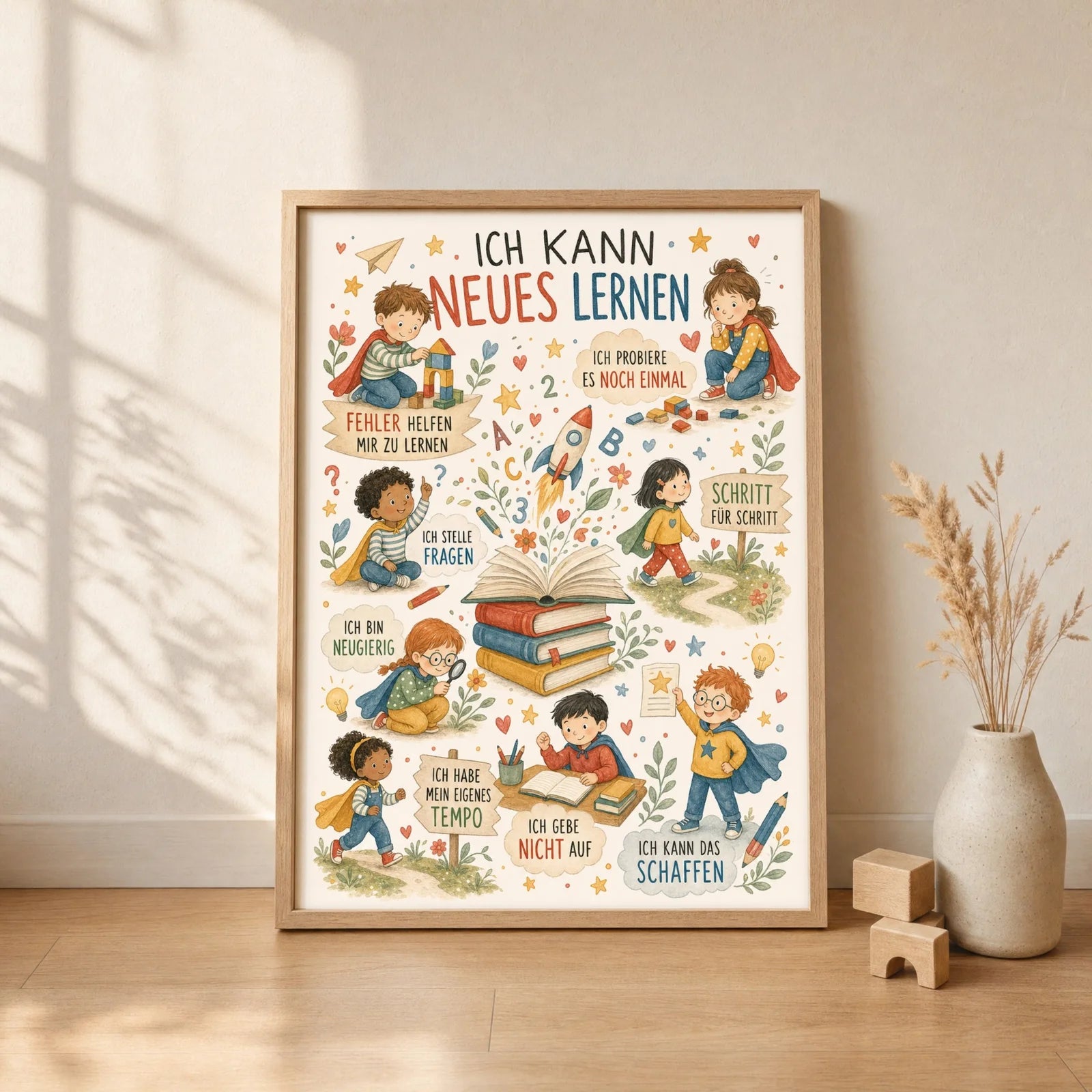 Affirmationsposter Kinderzimmer Wimmelbild Neues lernen, gerahmt im Format 30 x 40 cm