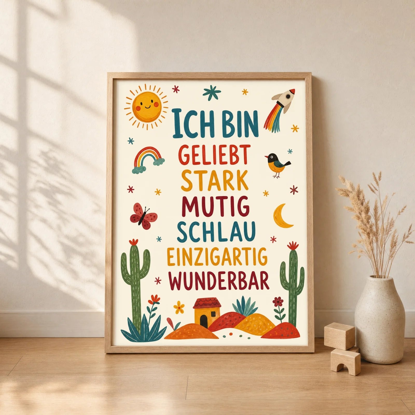 Affirmationsposter Kinderzimmer Wüste Ich bin geliebt, gerahmt im Format 30 x 40 cm