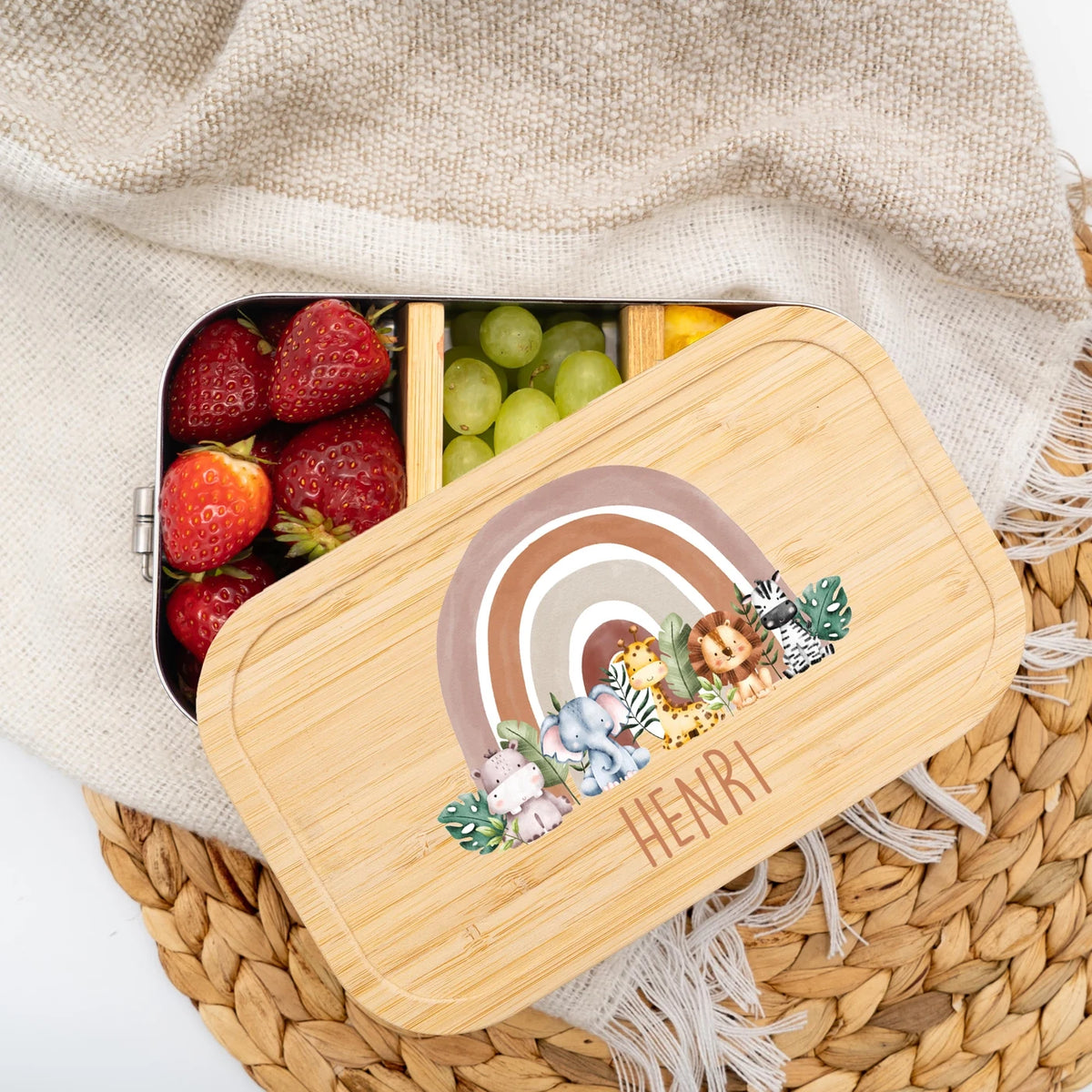 Brotdose Kinder personalisiert - Tierfamilie unter Regenbogen