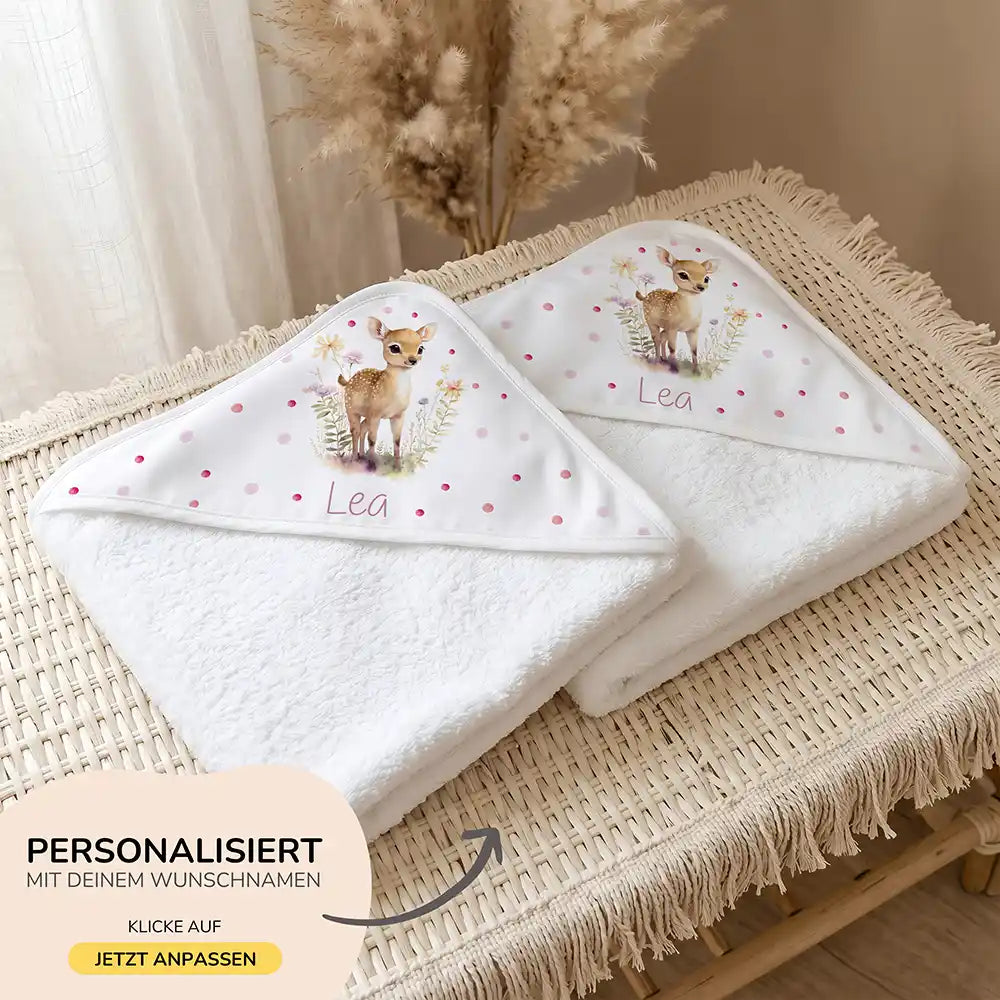 Personalisiertes Kapuzenhandtuch Baby Reh Wiese – 500 g/qm Baumwoll-Frottee Detail
