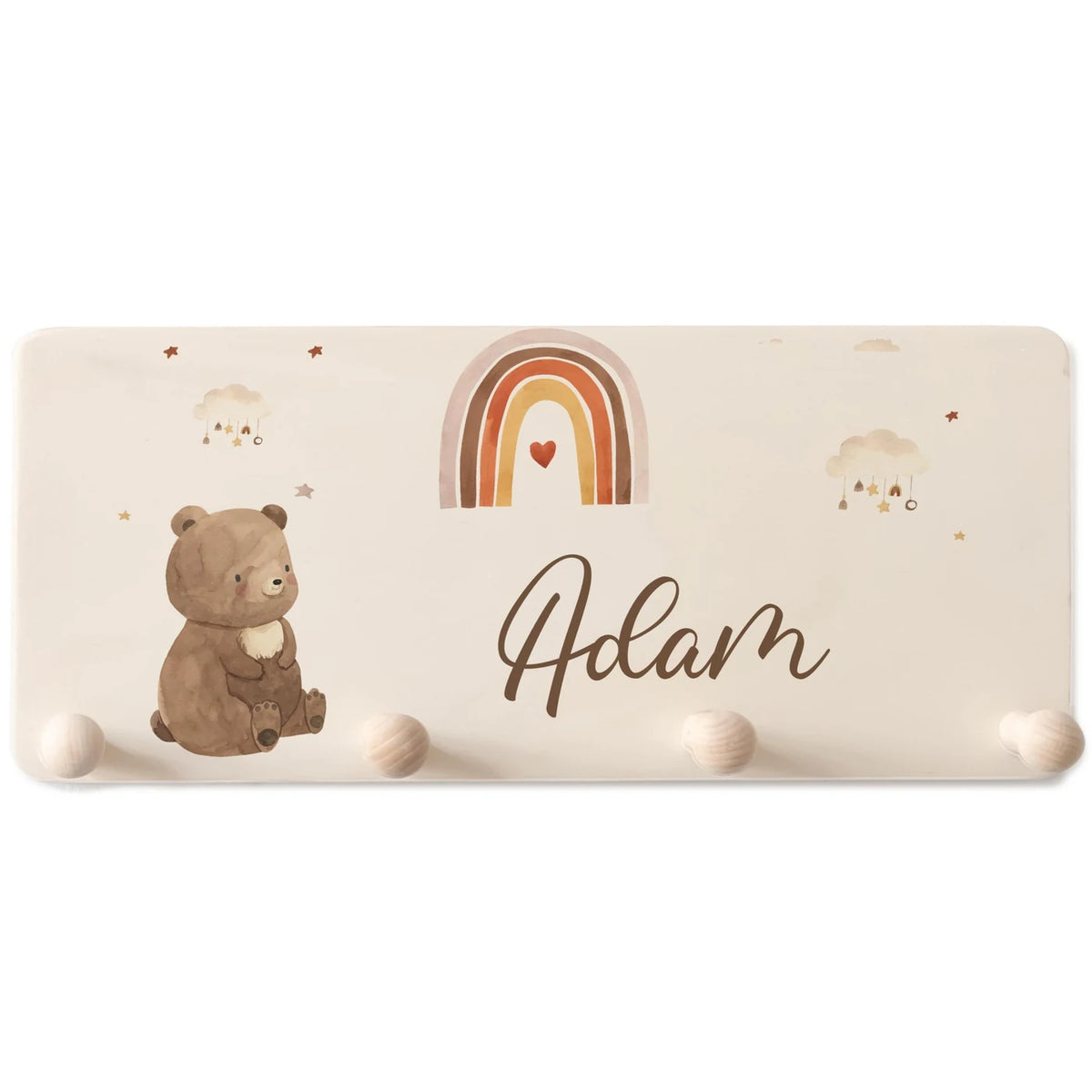 Kindergarderobe Holz personalisiert - Boho Bär Regenbogen
