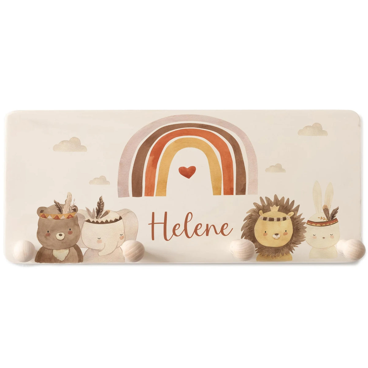 Kindergarderobe Holz personalisiert - Boho Regenbogen & Tiere