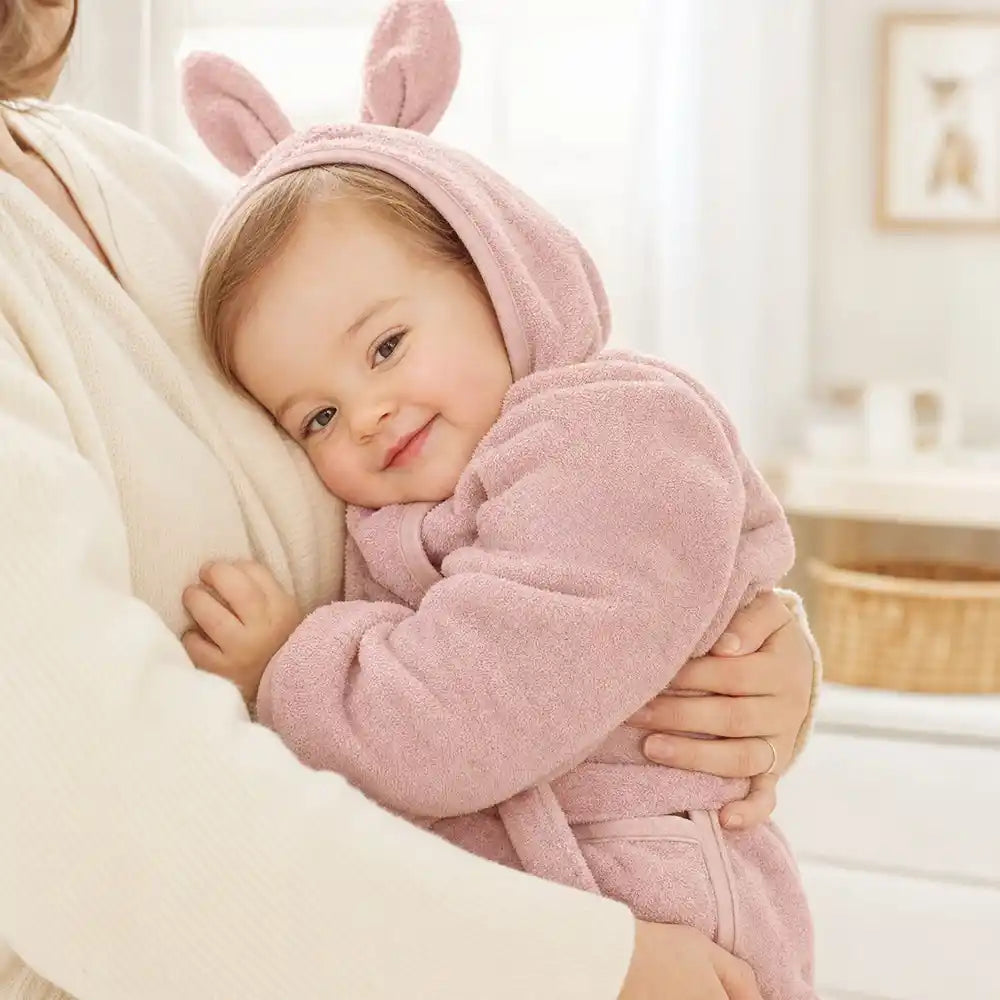 Kinderbademantel mit Namen Jollein Rose, Öhrchen-Kapuze, trocknet die Haare sanft