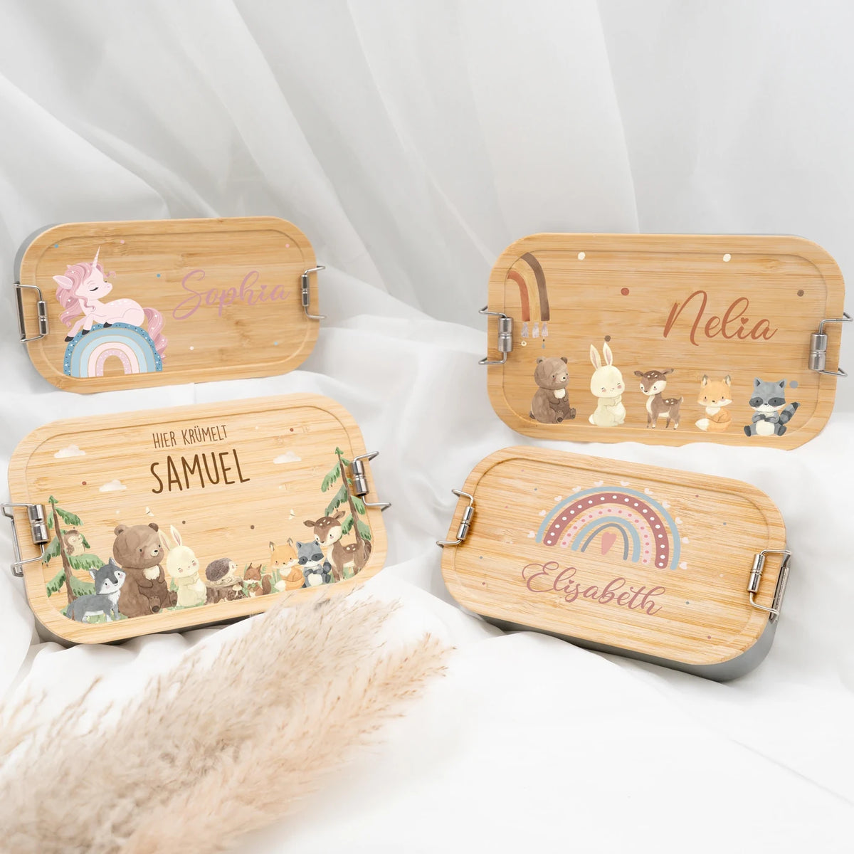 Brotdose Kinder personalisiert - Boho Tierfamilie Regenbogen