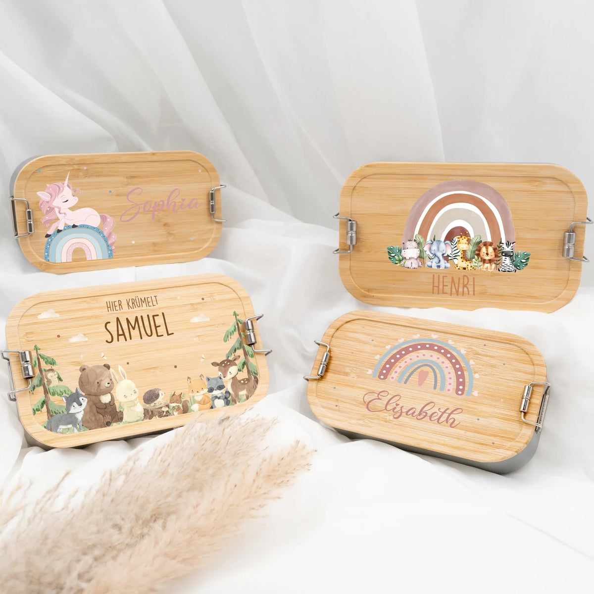Brotdose Kinder personalisiert - Tierfamilie unter Regenbogen