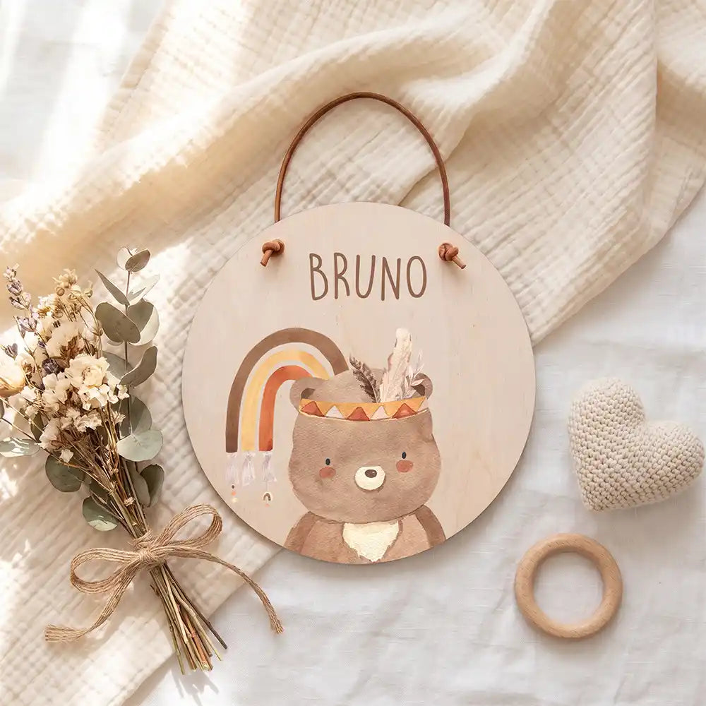 Türschild Kinderzimmer Bär mit Regenbogen, zum Aufhängen an Tür, Wand oder Haken