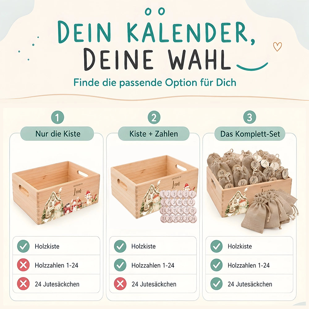 Adventskalender zum Befüllen "Winterdorf mit Tieren" personalisiert