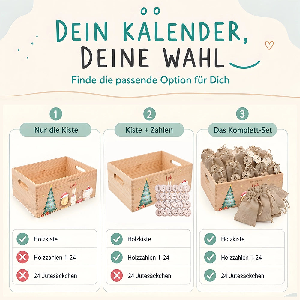 Adventskalender zum Befüllen "Weihnachten mit weihnachtlichem Tiertrio" personalisiert