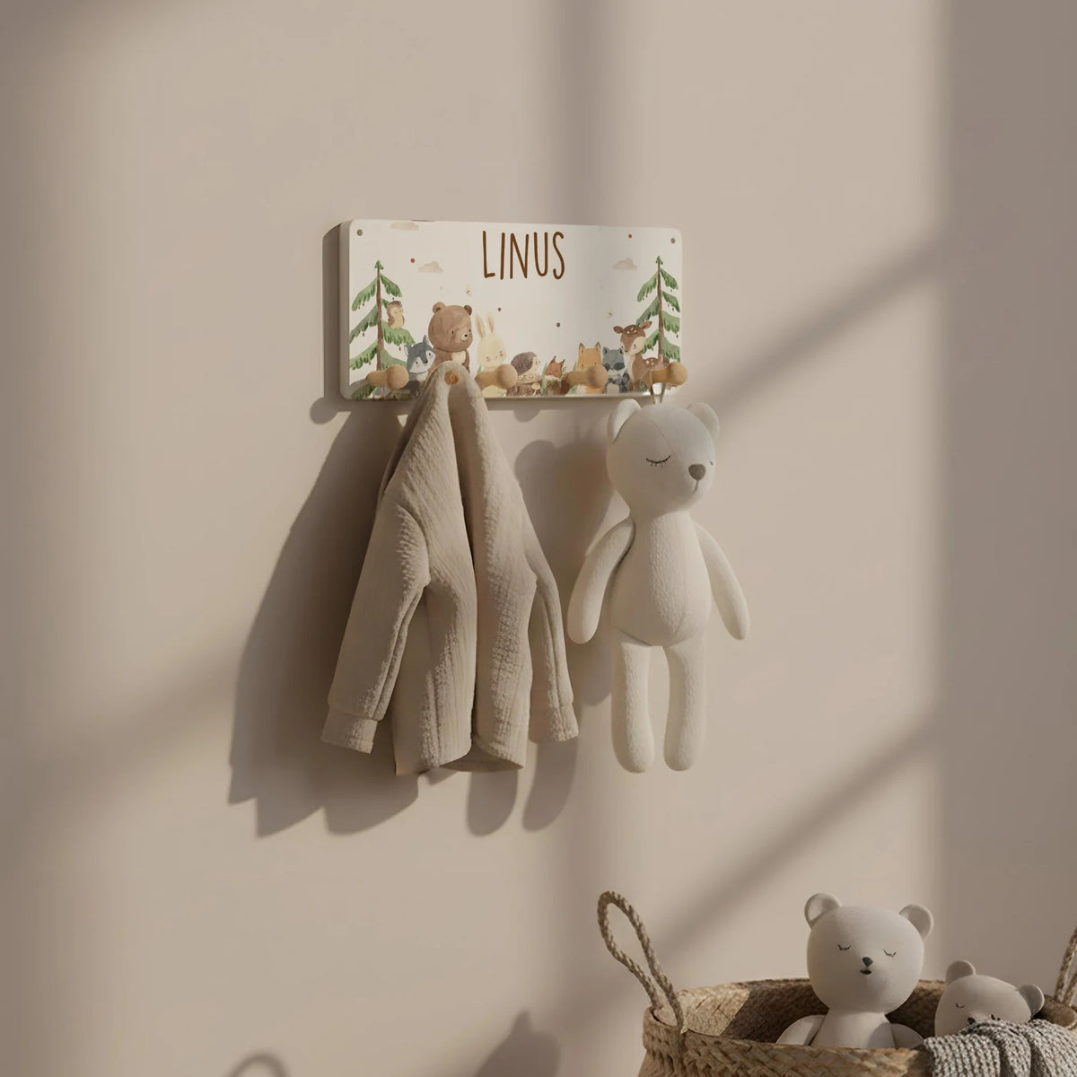 Kindergarderobe Holz personalisiert - Waldtiere