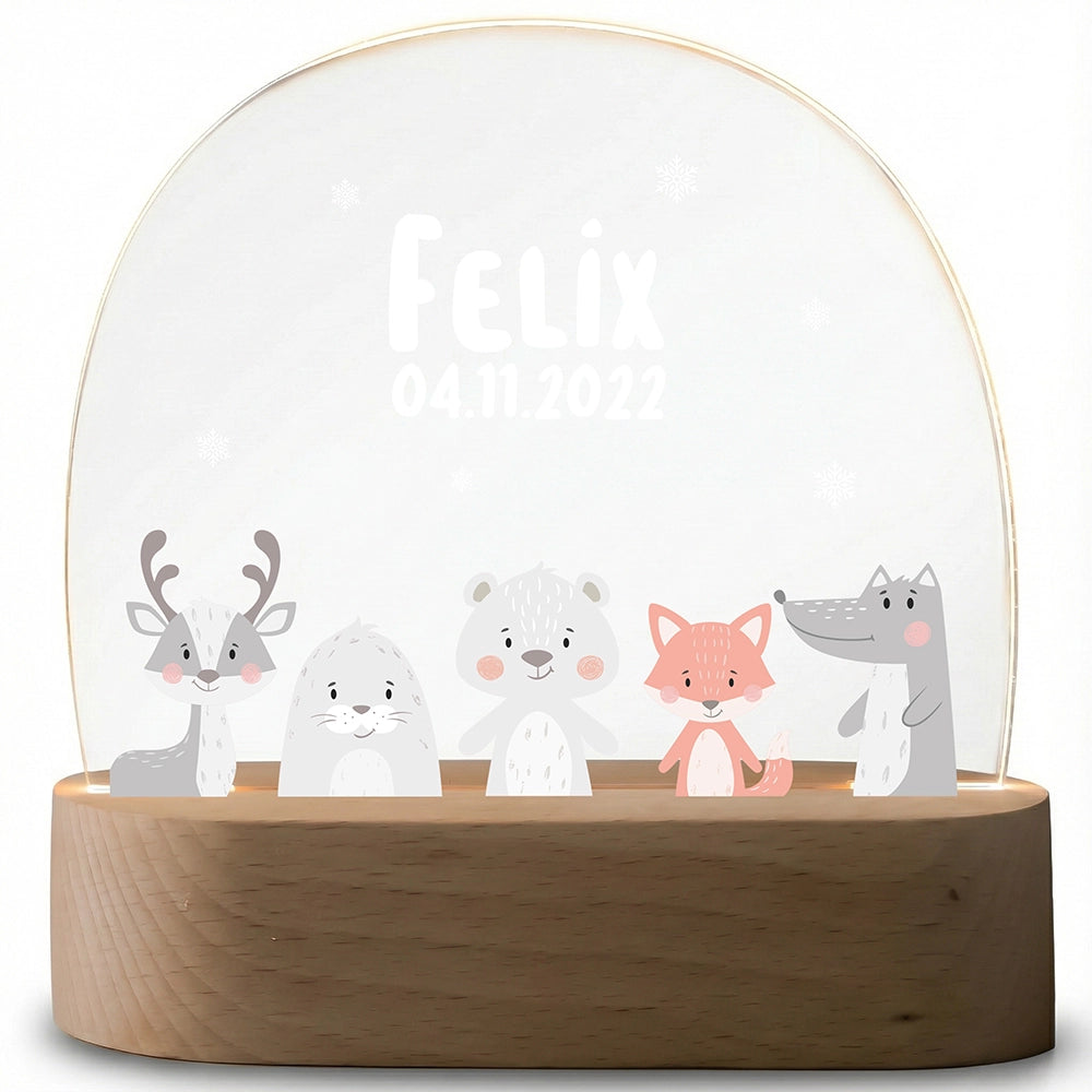 Nachtlampe Tiere mit Namen ausgeschaltet – klares Acrylglas auf Holzsockel