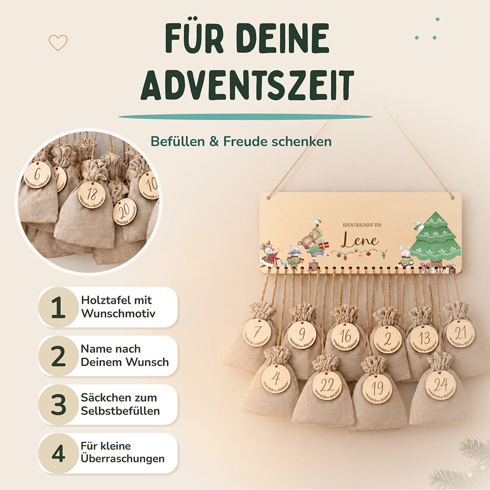 Personalisierbarer Adventskalender farbig - Weihnachtsbaum Tiere