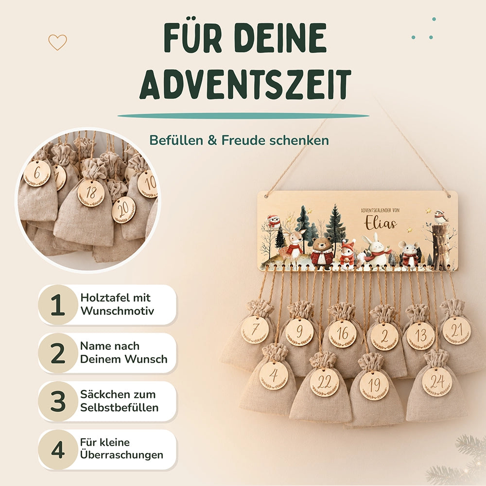 Personalisierbarer Adventskalender farbig - Frohe Tierfamilie