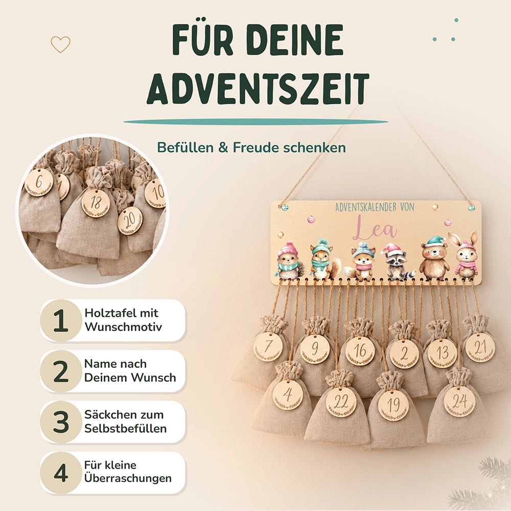 Personalisierbarer Adventskalender farbig - Glückliche Tierfamilie